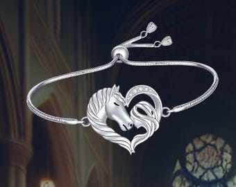Horse Bracelet For Women Sterling Silver Cute Animal Bracelet Love Heart Charm