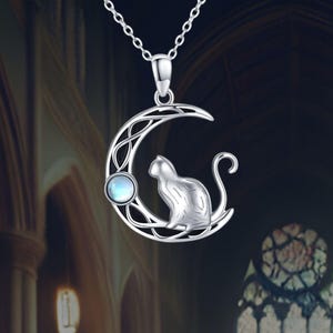 Celtic Moon Cat Necklace 925 Sterling Silver Moonstone Celtic Jewelry Gift for Women