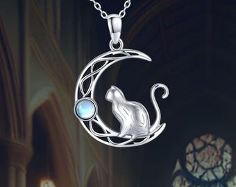 Celtic Moon Cat Necklace 925 Sterling Silver Moonstone Celtic Jewelry Gift for Women