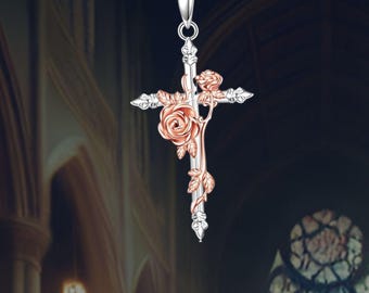 Rose Cross 925 Sterling Silver Christian Cross Rose Flower Necklace Cross Pendant Jewelry For Women