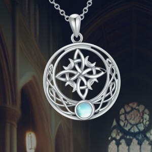 Witches Knot Pendant Necklace 925 Sterling Silver Moonstone Round Necklace Witch Jewelry Gifts for Women