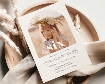 Plantilla editable de invitación con foto para sexto cumpleaños (descarga instantánea)