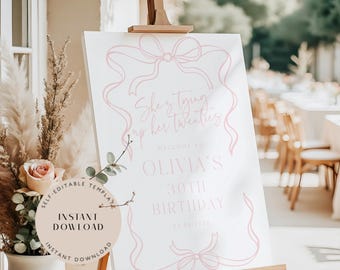 Editable 30th Birthday Welcome Sign, Pink Bow (Digital Download)