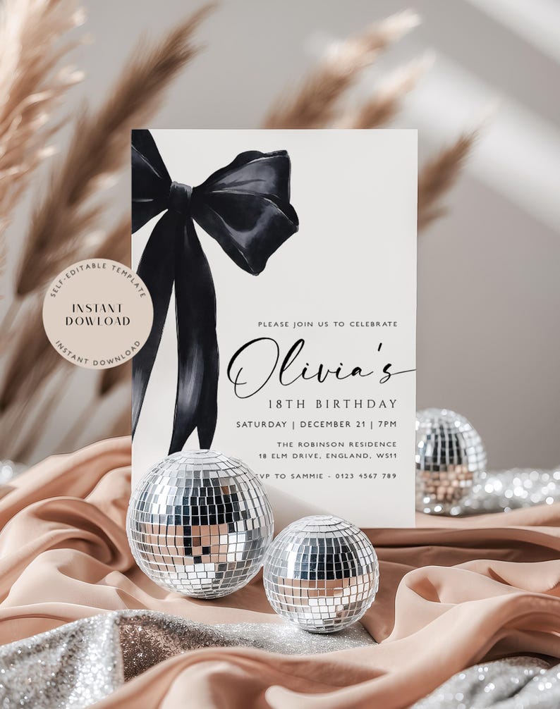Editable 18th Birthday Invitation: Modern Black Bow (instant Download ...
