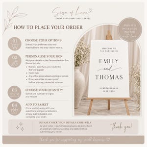 May include: An instructional graphic for ordering custom wedding signage. It features a four-step guide, a logo for Sign of Love, and a visual example of a white wedding welcome sign on a wooden easel with the names Emily and Thomas.