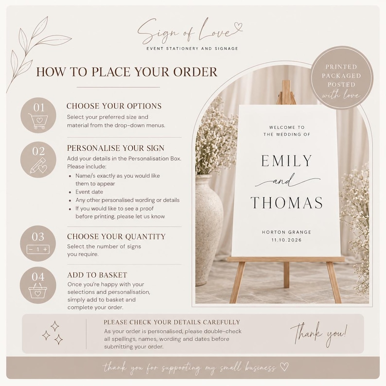 May include: An instructional graphic for ordering custom wedding signage. It features a four-step guide, a logo for Sign of Love, and a visual example of a white wedding welcome sign on a wooden easel with the names Emily and Thomas.
