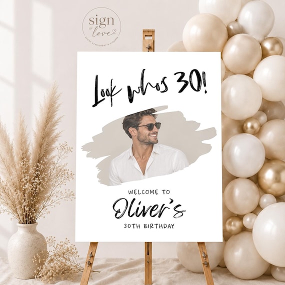30th Birthday Welcome Sign with Photo, Personalised Party Decor