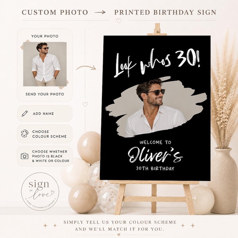 May include: A custom birthday sign on an easel featuring a black background with white text that reads Look whos 30! and Welcome to Oliver's 30th Birthday. The sign includes a central photo of a person wearing a white shirt and sunglasses.
