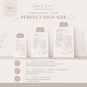 May include: An informational graphic titled Choosing the Perfect Sign Size by Sign of Love. It displays three rectangular signs in sizes A3 (29.7 x 42 cm), A2 (42 x 59.4 cm), and A1 (59.4 x 84.1 cm), each featuring a line drawing of two cowboy boots.