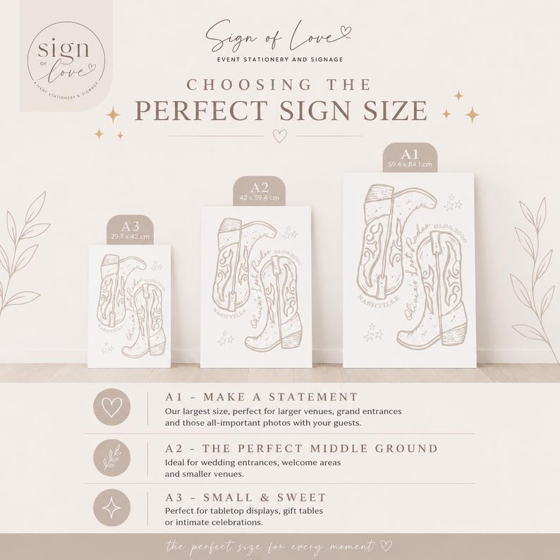 May include: An informational graphic titled Choosing the Perfect Sign Size by Sign of Love. It displays three rectangular signs in sizes A3 (29.7 x 42 cm), A2 (42 x 59.4 cm), and A1 (59.4 x 84.1 cm), each featuring a line drawing of two cowboy boots.