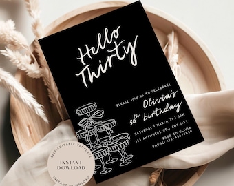 Hello Thirty Birthday Invite, 30th Birthday Invitation (Digital Download)