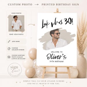 May include: A custom birthday sign on a wooden easel featuring the text Look whos 30! and Welcome to Oliver's 30th Birthday. The sign includes a central photo of a person wearing a white shirt and sunglasses, set against a neutral brushstroke background.