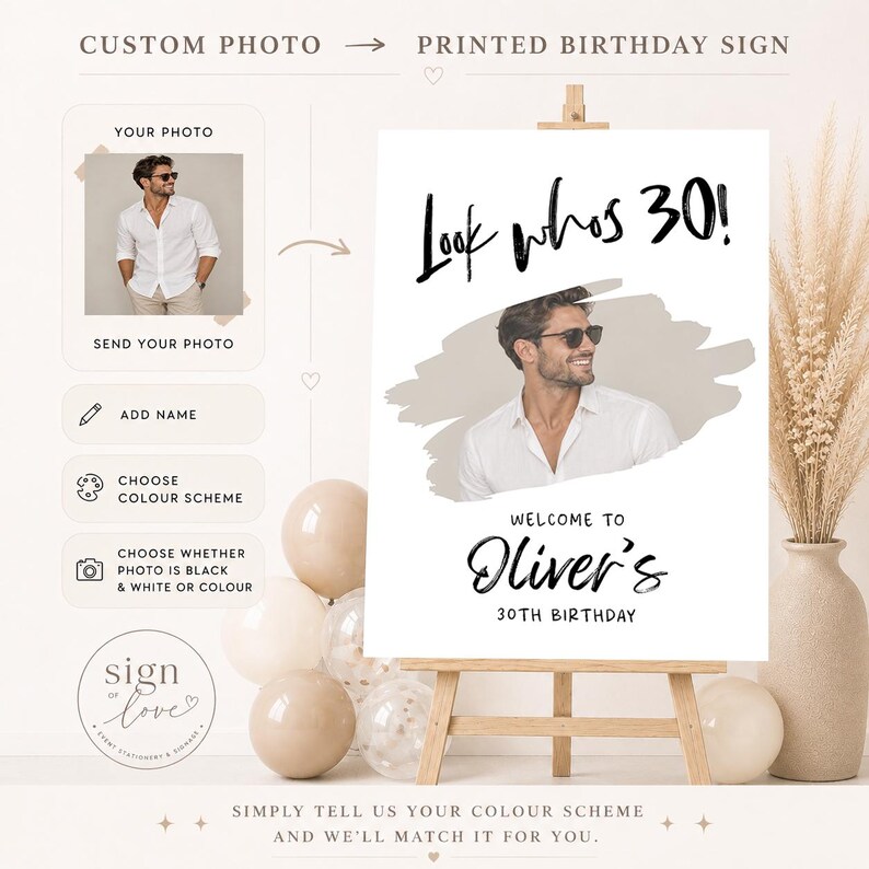 May include: A custom birthday sign on a wooden easel featuring the text Look whos 30! and Welcome to Oliver's 30th Birthday. The sign includes a central photo of a person wearing a white shirt and sunglasses, set against a neutral brushstroke background.