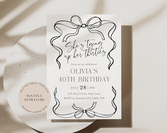40th Birthday Invitation, Black Bow Design (Editable, Digital)