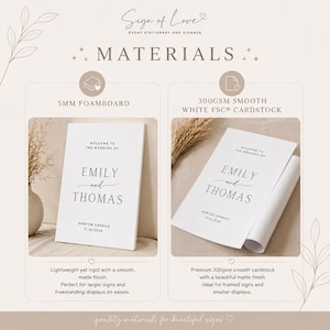 May include: A comparison chart for wedding signage materials featuring 5mm foamboard and 300gsm smooth white FSC cardstock. Both options display the text: Welcome to the wedding of Emily and Thomas, Norton Grange, 11.10.2026 in a black serif font.