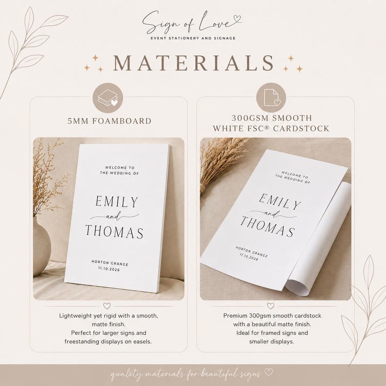 May include: A comparison chart for wedding signage materials featuring 5mm foamboard and 300gsm smooth white FSC cardstock. Both options display the text: Welcome to the wedding of Emily and Thomas, Norton Grange, 11.10.2026 in a black serif font.