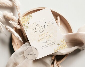 First Bee Day Invitation: EDITABLE Bumble Bee Theme (Instant Download)