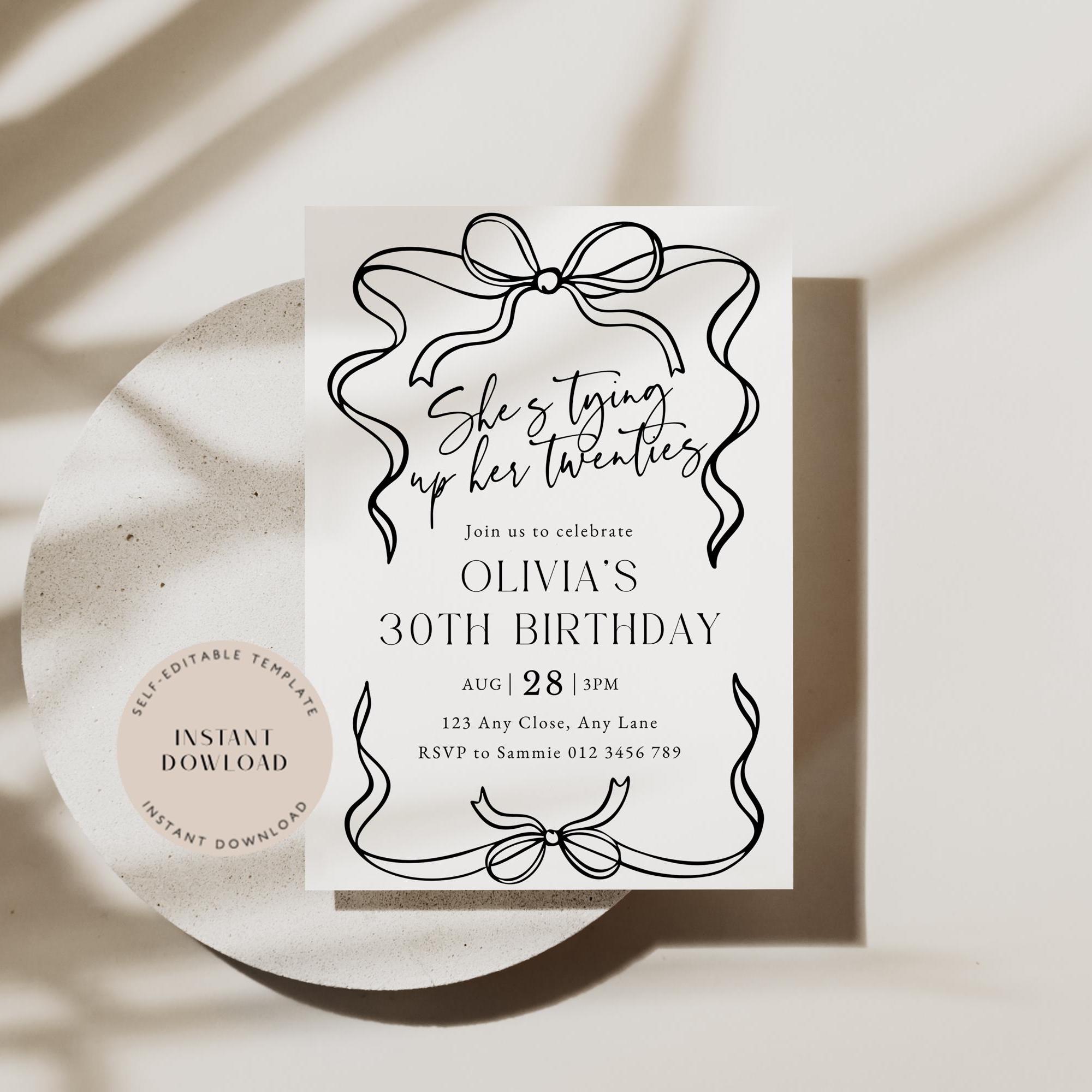 EDITABLE, Tying up her Twenties Birthday Invite, Tying up my 20's Invitation, Black Bow Invite, 30th Birthday Invite, Hand Drawn Invite