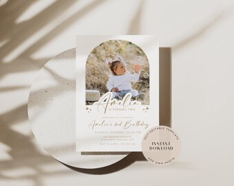 Minimalist 2nd Birthday Photo Invitation Template (Instant Download)