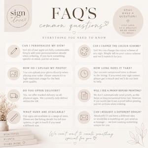 May include: An FAQ information graphic for event signage featuring the text FAQ's common questions, everything you need to know, and eight sections detailing customization, color schemes, photo uploads, turnaround times, delivery, proofs, sizes, and design requests.