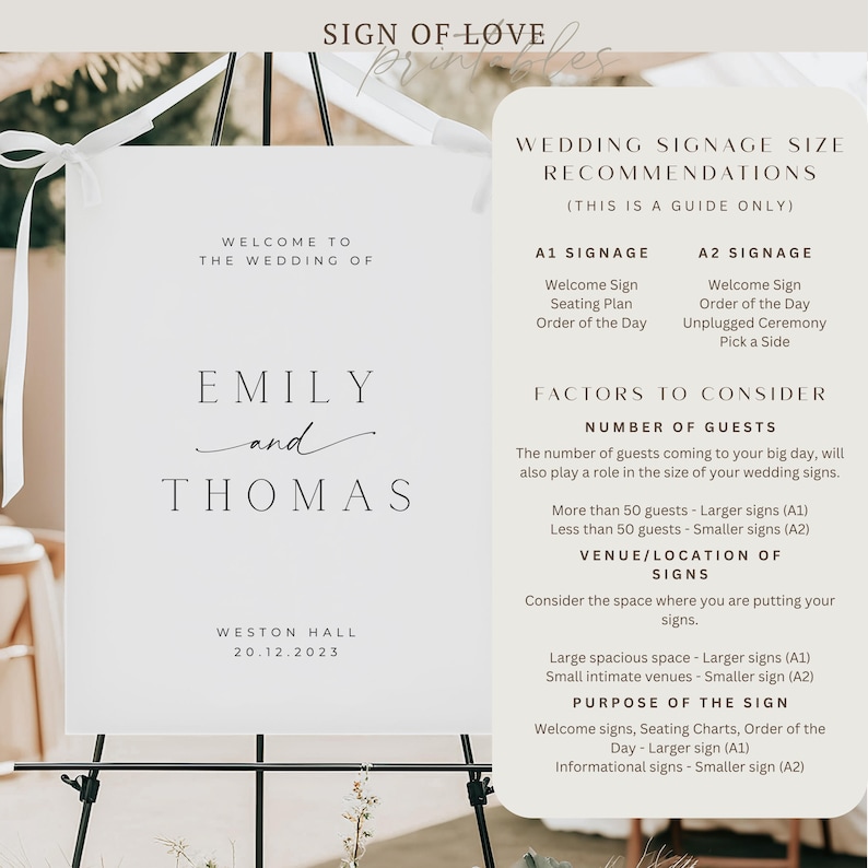 May include: A white wedding welcome sign on a black easel. The sign reads "Welcome to the Wedding of Emily and Thomas" with the date and venue. Additional text provides wedding signage size recommendations.