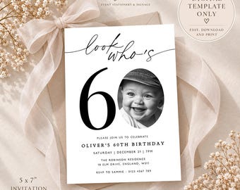 60th Birthday Invitation Template, Look Who’s 60 Photo Invite, Editable Templett