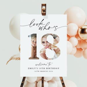 EDITABLE, Letrero de bienvenida para 18 años, Letrero de bienvenida para "Mira quién tiene 18", Letrero de cumpleaños, Letrero de bienvenida moderno para 18 años, Letrero de cumpleaños, Letrero de cumpleaños con foto