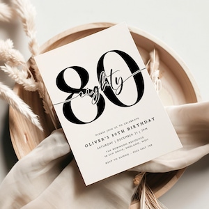 May include: Black and white 80th birthday party invitation with the number 80 in a large, bold font. The text "eighty" is written in cursive above the number 80. The invitation includes the date, time, and location of the party.