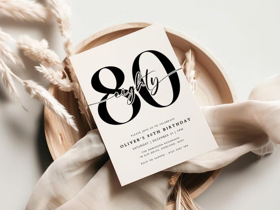 Minimalist 80th Birthday Invitation: Modern Invite (Digital Download)
