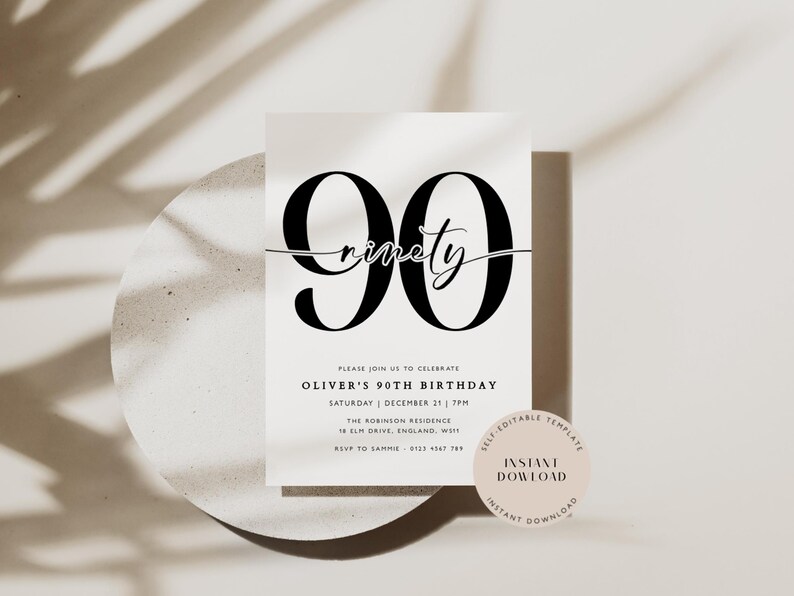 Modern 90th Birthday Invitation, Minimalist Design (digital Download ...
