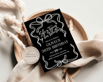 Invitación de cumpleaños número veinte, lazo negro (digital editable)