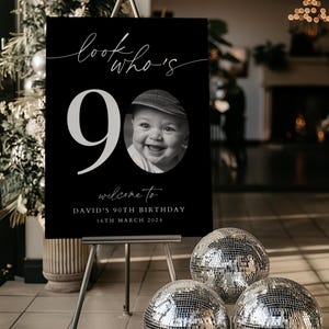 EDITABLE, 90th Welcome Sign, Look Who&#39;s 90 Welcome Sign, Birthday Sign, Modern 90th Welcome Sign, Black Birthday Sign, Photo Birthday sign