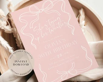Invito modificabile per il 30° compleanno, design con fiocco rosa (download digitale)