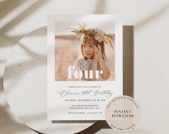 May include: A birthday invitation featuring a photo of a young child wearing a floral crown. The word "four" is prominently displayed. Additional text includes the birthday details, RSVP information, and a "Instant Download" sticker.