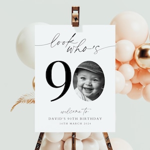 EDITABLE, 90th Welcome Sign, Look Who&#39;s 90 Welcome Sign, Birthday Sign, Modern 90th Welcome Sign, Birthday Welcome Sign, Photo Birthday sign