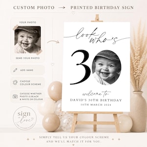 May include: A custom birthday sign on a wooden easel featuring the text "look who's 30", a circular black and white photo of a smiling baby, and the text "welcome to DAVID'S 30TH BIRTHDAY 16TH MARCH 2024" printed in black on a white background.