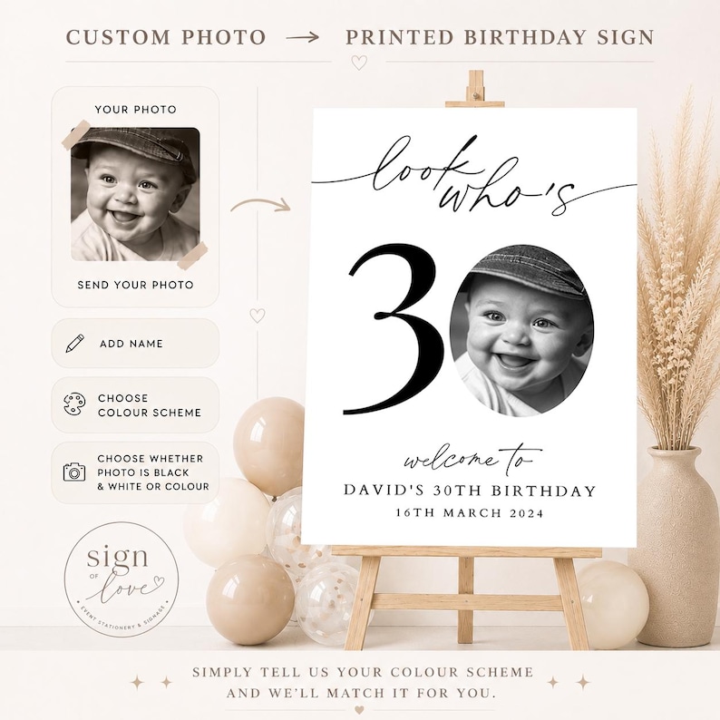 May include: A custom birthday sign on a wooden easel featuring the text "look who's 30", a circular black and white photo of a smiling baby, and the text "welcome to DAVID'S 30TH BIRTHDAY 16TH MARCH 2024" printed in black on a white background.
