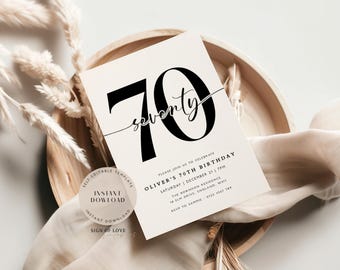 Bewerkbare 70e verjaardagsuitnodiging: modern minimalistisch ontwerp (digitale download)