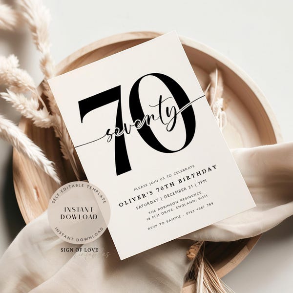 Editable 70th Birthday Invitation: Modern Minimalist Design (Digital Download)