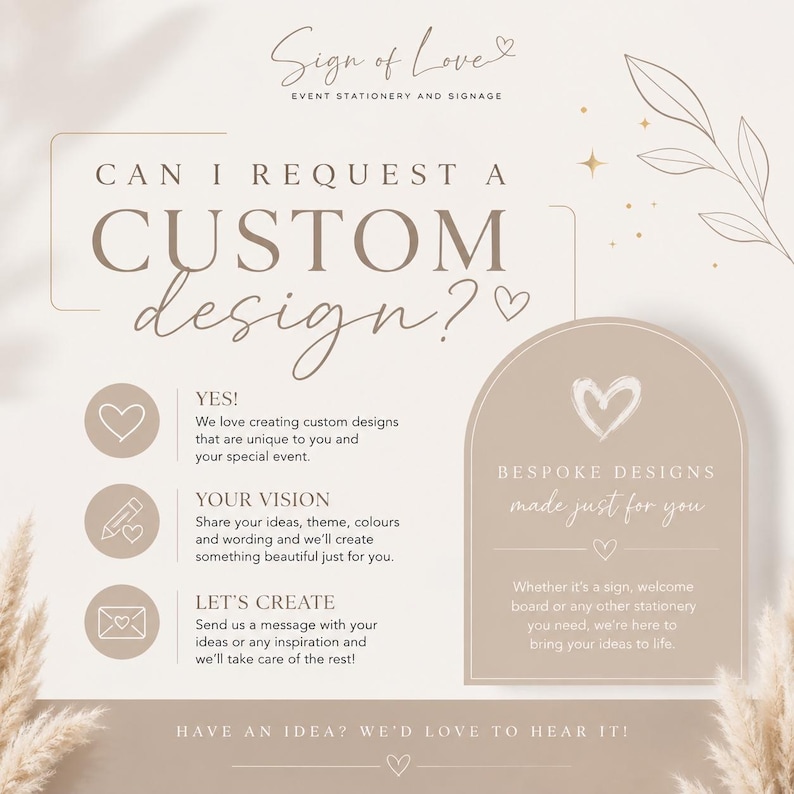 May include: A beige informational graphic titled Can I Request A Custom Design? featuring text about event stationery and signage services. It includes three circular icons with a heart, pencil, and envelope, and an arched sign graphic with text.