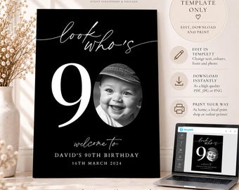 90th Birthday Welcome Sign Template, Photo Sign, Look Who’s 90, Editable Templett