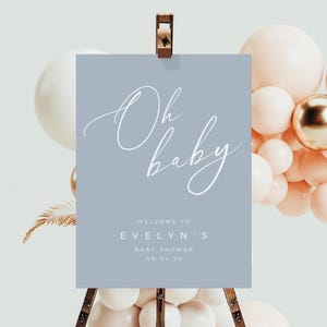 Bewerkbaar Oh Baby Babyshower-welkomstbord, sjabloon, minimalistisch blauw babyshowerbord, Oh Baby-bord, bordje babyshower