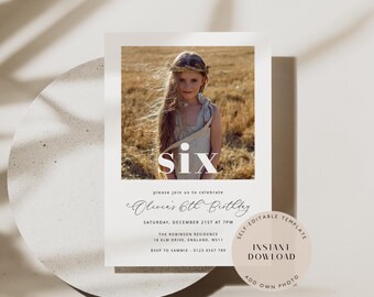 Invitación con foto editable para sexto cumpleaños: Plantilla minimalista (descarga inmediata)