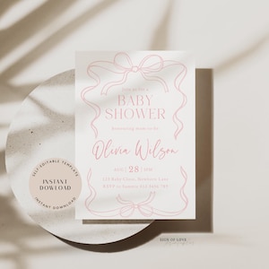 EDITABLE, Bow Baby Shower Invitation, Pink Bow Baby Shower Invite, Bow Girl Baby Shower Invite, Ribbon Baby Shower Invitation, Baby girl