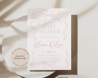 Invitación para baby shower con lazo rosa, plantilla editable (descarga digital)