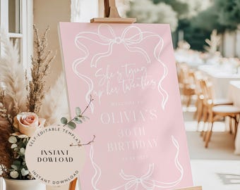 Editable 30th Birthday Welcome Sign, Pink Bow Design (Digital Download)