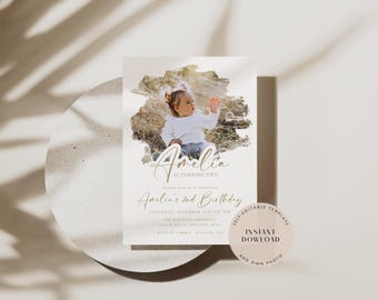 Editable 2nd Birthday Photo Invitation: Minimalist Template (Instant Download)