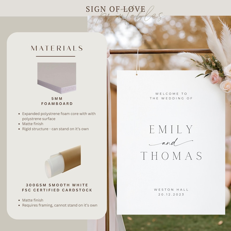 May include: A white wedding sign with the text "Welcome to the Wedding of Emily and Thomas" and the date 20.12.2023. The sign is hanging from a wooden frame decorated with flowers and pampas grass. The image also shows material options.