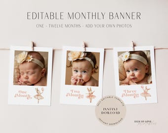 Banner fotografico modificabile per il primo compleanno del coniglietto, traguardo mensile (download digitale)