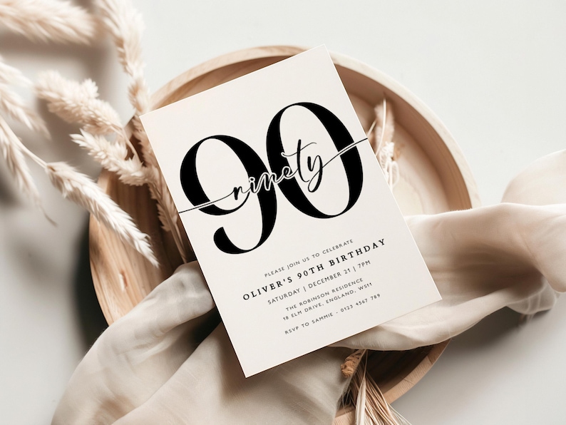 Modern 90th Birthday Invitation, Minimalist Design (digital Download ...